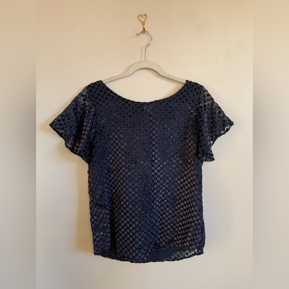 LOFT Navy Blue Velvet Polka Dot Office Core Normcore Sheer Lined Women’s Blouse